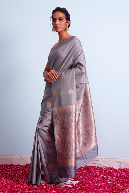 Buy_Mint N Oranges_Grey Banarasi Silk Floral Handwoven Saree _Online_at_Aza_Fashions