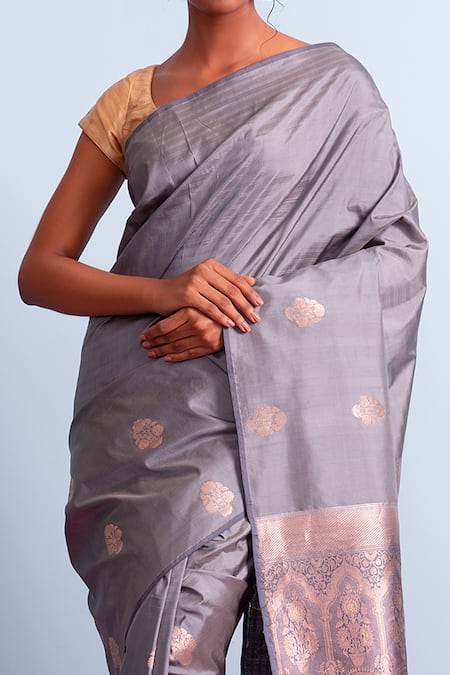 Shop_Mint N Oranges_Grey Banarasi Silk Floral Handwoven Saree _Online_at_Aza_Fashions