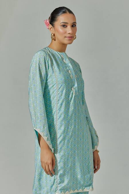 Basanti - Kapde Aur Koffee Green Muslin Geometric Round Print Kurta With Pant Online at Aza Fashions Basanti - Kapde Aur Koffee_Green Muslin Geometric Round Print Kurta With Pant _Online_at_Aza_Fashions