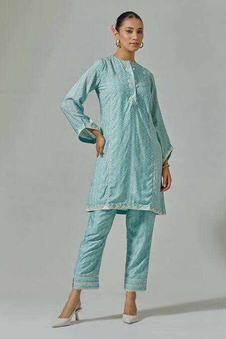 Buy Basanti - Kapde Aur Koffee Green Muslin Geometric Round Print Kurta With Pant Online at Aza Fashions Buy_Basanti - Kapde Aur Koffee_Green Muslin Geometric Round Print Kurta With Pant _Online_at_Aza_Fashions