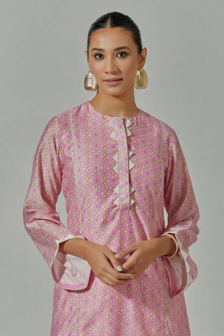 Buy_Basanti - Kapde Aur Koffee_Pink Muslin Geometric Print Round Kurta And Pant Set_Online_at_Aza_Fashions