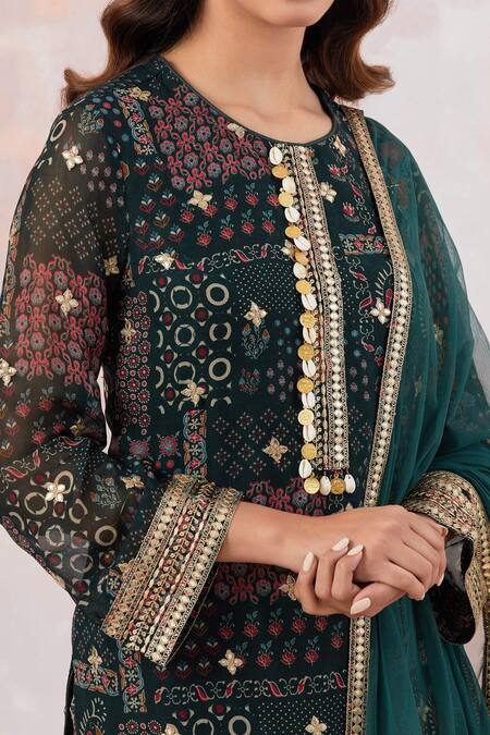 Basanti - Kapde Aur Koffee Green Georgette, Cotton Embroidery Round Neck Geometric Print Kurta Sharara Set Online at Aza Fashions Basanti - Kapde Aur Koffee_Green Georgette, Cotton Embroidery Round Neck Geometric Print Kurta Sharara Set_Online_at_Aza_Fashions