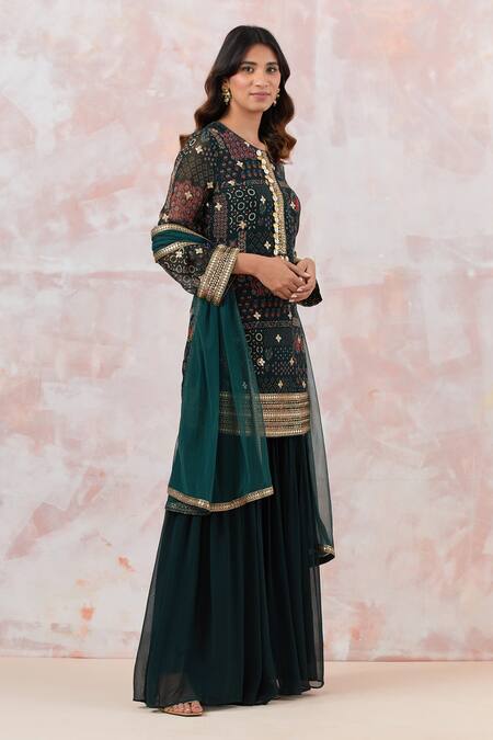 Buy Basanti - Kapde Aur Koffee Green Georgette, Cotton Embroidery Round Neck Geometric Print Kurta Sharara Set Online at Aza Fashions Buy_Basanti - Kapde Aur Koffee_Green Georgette, Cotton Embroidery Round Neck Geometric Print Kurta Sharara Set_Online_at_Aza_Fashions