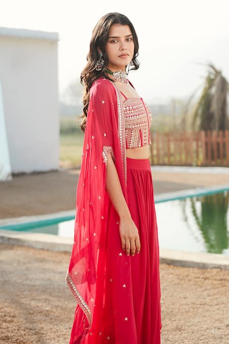 Shop Basanti - Kapde Aur Koffee Pink Viscose, Georgette Embroidery Sweetheart Placement Cape And Draped Skirt Set Online at Aza Fashions Shop_Basanti - Kapde Aur Koffee_Pink Viscose, Georgette Embroidery Sweetheart Placement Cape And Draped Skirt Set_Online_at_Aza_Fashions