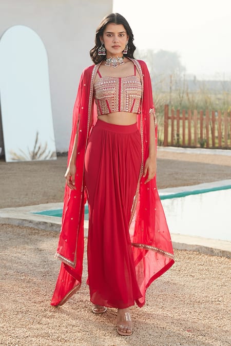 Basanti - Kapde Aur Koffee Pink Viscose, Georgette Embroidery Sweetheart Placement Cape And Draped Skirt Set at Aza Fashions Basanti - Kapde Aur Koffee_Pink Viscose, Georgette Embroidery Sweetheart Placement Cape And Draped Skirt Set_at_Aza_Fashions