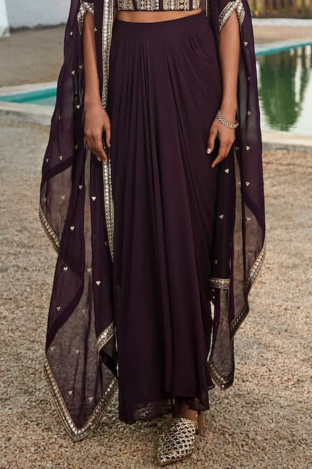 Basanti - Kapde Aur Koffee Purple Viscose, Georgette Gota Patti, Zari Embroidered Cape And Draped Skirt Set Online at Aza Fashions Basanti - Kapde Aur Koffee_Purple Viscose, Georgette Gota Patti, Zari Embroidered Cape And Draped Skirt Set_Online_at_Aza_Fashions