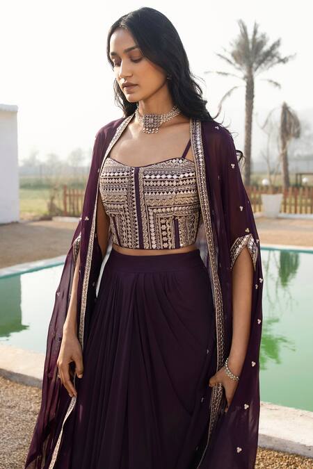 Buy Basanti - Kapde Aur Koffee Purple Viscose, Georgette Gota Patti, Zari Embroidered Cape And Draped Skirt Set Online at Aza Fashions Buy_Basanti - Kapde Aur Koffee_Purple Viscose, Georgette Gota Patti, Zari Embroidered Cape And Draped Skirt Set_Online_at_Aza_Fashions
