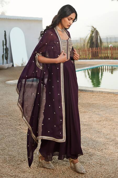 Shop Basanti - Kapde Aur Koffee Purple Viscose, Georgette Gota Patti, Zari Embroidered Cape And Draped Skirt Set Online at Aza Fashions Shop_Basanti - Kapde Aur Koffee_Purple Viscose, Georgette Gota Patti, Zari Embroidered Cape And Draped Skirt Set_Online_at_Aza_Fashions