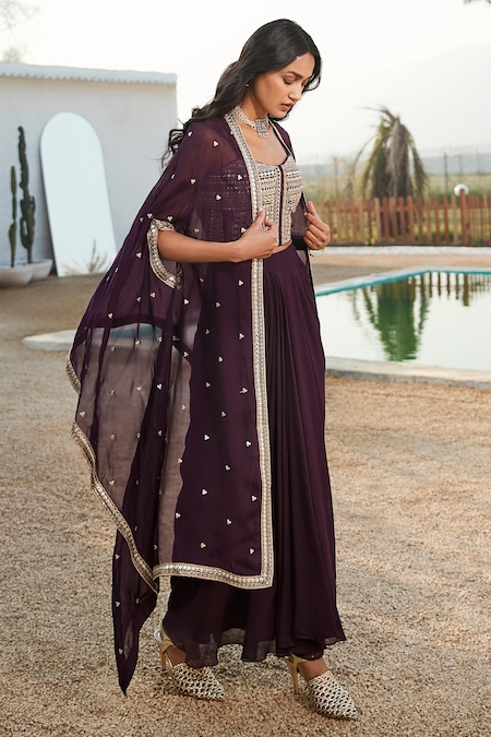 Shop_Basanti - Kapde Aur Koffee_Purple Viscose, Georgette Gota Patti, Zari Embroidered Cape And Draped Skirt Set _Online_at_Aza_Fashions