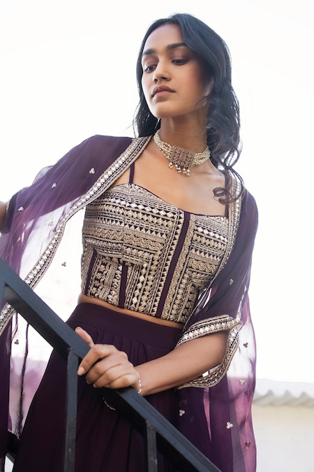 Basanti - Kapde Aur Koffee_Purple Viscose, Georgette Gota Patti, Zari Embroidered Cape And Draped Skirt Set _at_Aza_Fashions
