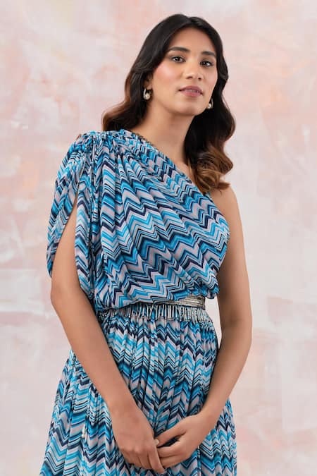 Buy_Basanti - Kapde Aur Koffee_Blue Chiffon, Cotton Embroidery, Tassels Chevron Print Draped Gown With Belt _Online_at_Aza_Fashions