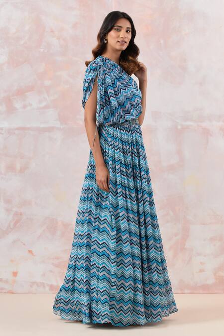 Shop_Basanti - Kapde Aur Koffee_Blue Chiffon, Cotton Embroidery, Tassels Chevron Print Draped Gown With Belt _Online_at_Aza_Fashions