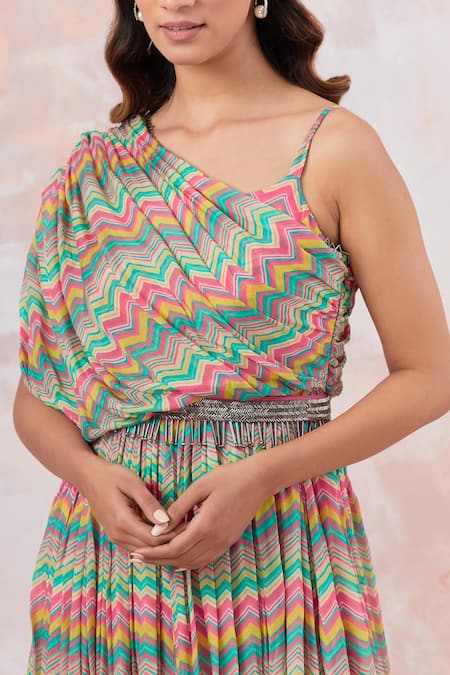 Basanti - Kapde Aur Koffee_Pink Cotton Tassels Asymmetric Printed Draped Gown With Belt _Online_at_Aza_Fashions