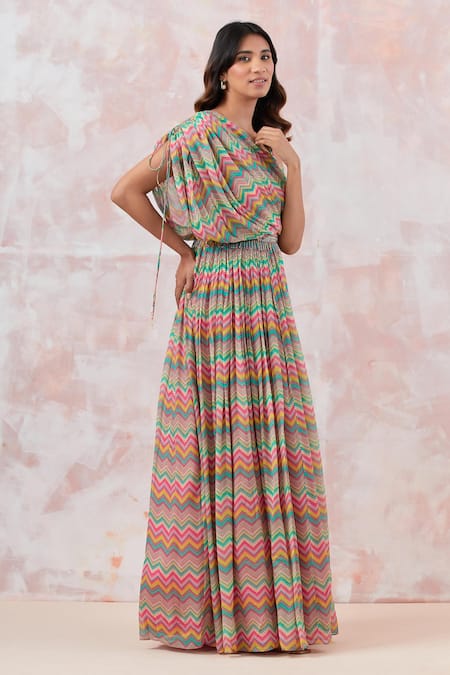 Buy_Basanti - Kapde Aur Koffee_Pink Cotton Tassels Asymmetric Printed Draped Gown With Belt _Online_at_Aza_Fashions