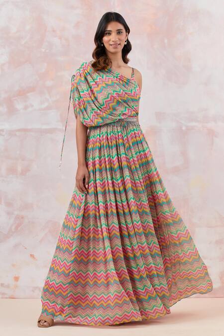 Basanti - Kapde Aur Koffee_Pink Cotton Tassels Asymmetric Printed Draped Gown With Belt _at_Aza_Fashions