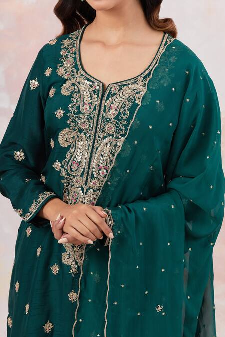 Basanti - Kapde Aur Koffee Green Cotton, Silk, Organza Gota Patti, Embroidery, Applique Mandarin Kurta Set Online at Aza Fashions Basanti - Kapde Aur Koffee_Green Cotton, Silk, Organza Gota Patti, Embroidery, Applique Mandarin Kurta Set_Online_at_Aza_Fashions