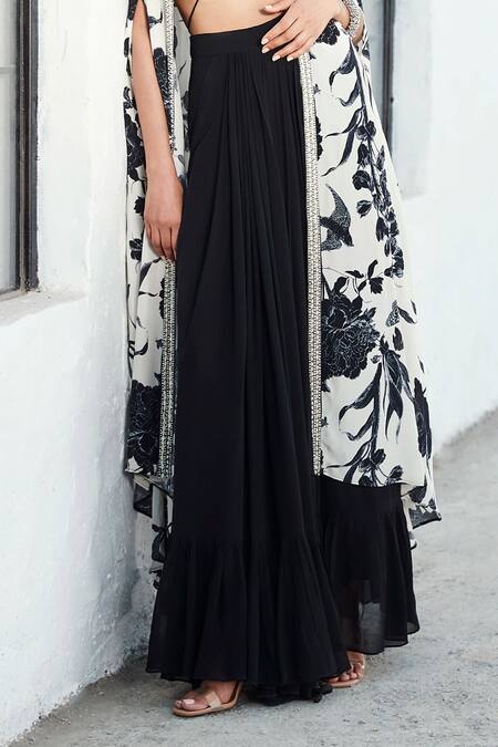 Buy Basanti - Kapde Aur Koffee Black Crepe Sequins, Metallic Thread Garden Pattern Cape Pleated Skirt Set Online at Aza Fashions Buy_Basanti - Kapde Aur Koffee_Black Crepe Sequins, Metallic Thread Garden Pattern Cape Pleated Skirt Set_Online_at_Aza_Fashions