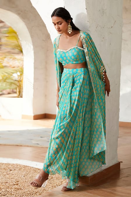 Buy_Basanti - Kapde Aur Koffee_Blue Georgette Embroidery, Beads Sweetheart Tulip Bloom Print Cape And Skirt Set _Online_at_Aza_Fashions