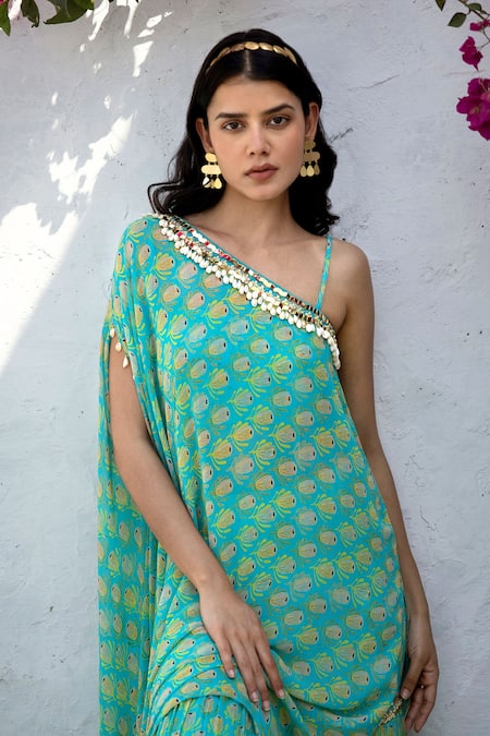 Buy_Basanti - Kapde Aur Koffee_Blue Georgette Mirrors Asymmetric Tulip Bloom Print Tunic With Sharara _Online_at_Aza_Fashions