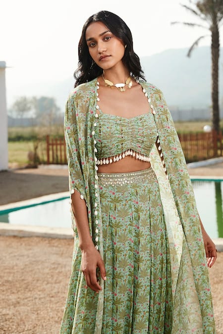Basanti - Kapde Aur Koffee_Green Georgette Mirrors Sweetheart Neck Tropical Trees Print Cape Palazzo Set _Online_at_Aza_Fashions