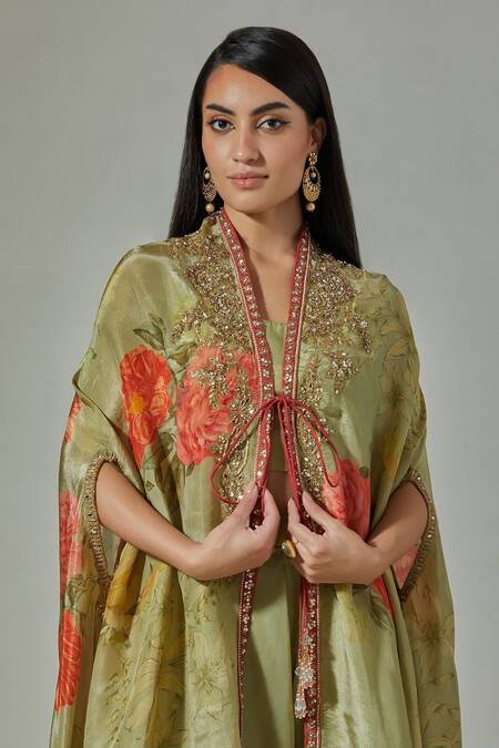 Basanti - Kapde Aur Koffee_Green Organza Floral Pattern Cape Front Open Print With Sharara Set_Online_at_Aza_Fashions