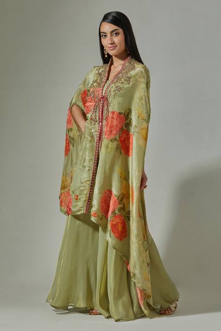 Buy_Basanti - Kapde Aur Koffee_Green Organza Floral Pattern Cape Front Open Print With Sharara Set_Online_at_Aza_Fashions