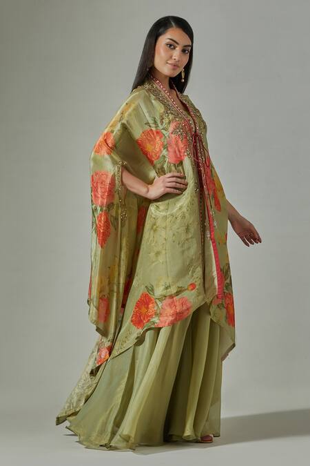 Shop_Basanti - Kapde Aur Koffee_Green Organza Floral Pattern Cape Front Open Print With Sharara Set_Online_at_Aza_Fashions