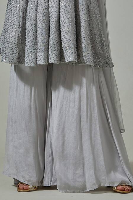Basanti - Kapde Aur Koffee_Grey Bottom-chinon, Top-lycra Net Sequin Round Embroidered Kurta Sharara Set_Online_at_Aza_Fashions