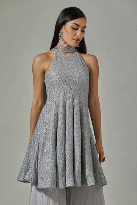 Buy_Basanti - Kapde Aur Koffee_Grey Bottom-chinon, Top-lycra Net Sequin Round Embroidered Kurta Sharara Set_Online_at_Aza_Fashions
