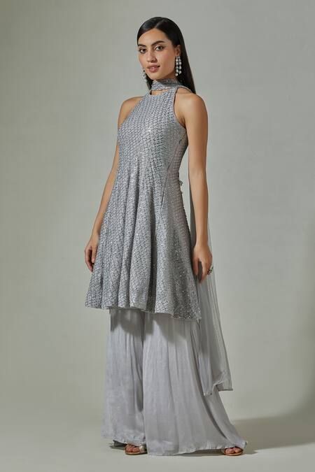 Shop_Basanti - Kapde Aur Koffee_Grey Bottom-chinon, Top-lycra Net Sequin Round Embroidered Kurta Sharara Set_Online_at_Aza_Fashions