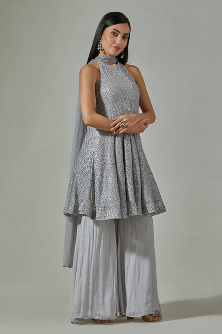 Basanti - Kapde Aur Koffee Grey Bottom-chinon, Top-lycra Net Sequin Round Embroidered Kurta Sharara Set at Aza Fashions Basanti - Kapde Aur Koffee_Grey Bottom-chinon, Top-lycra Net Sequin Round Embroidered Kurta Sharara Set_at_Aza_Fashions