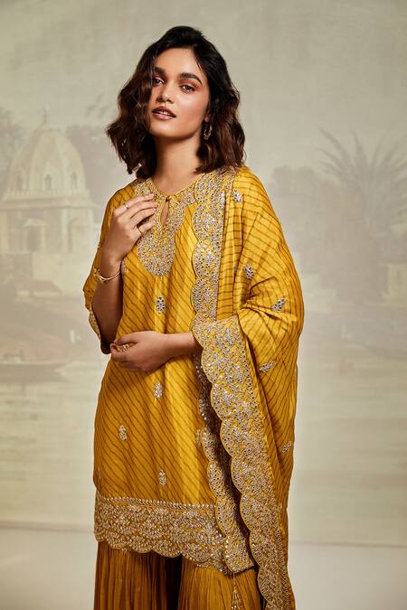 Basanti - Kapde Aur Koffee_Yellow Georgette, Chiffon Embroidery, Gota Patti Keyhole Neck Kurta Gharara Set _at_Aza_Fashions