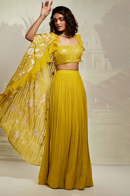 Basanti - Kapde Aur Koffee_Yellow Georgette Beads, Sequins Square Neck Embroidered Cape Lehenga Set_Online_at_Aza_Fashions