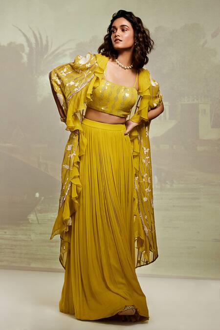 Buy_Basanti - Kapde Aur Koffee_Yellow Georgette Beads, Sequins Square Neck Embroidered Cape Lehenga Set_Online_at_Aza_Fashions