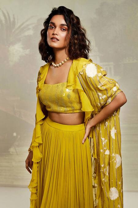 Shop_Basanti - Kapde Aur Koffee_Yellow Georgette Beads, Sequins Square Neck Embroidered Cape Lehenga Set_Online_at_Aza_Fashions