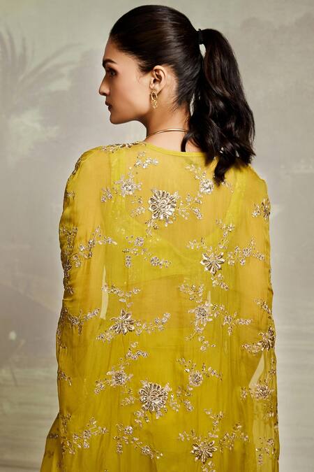 Basanti - Kapde Aur Koffee_Yellow Viscose, Crepe Sequins, Zari Sweetheart Embroidered Cape Draped Skirt Set_Online_at_Aza_Fashions