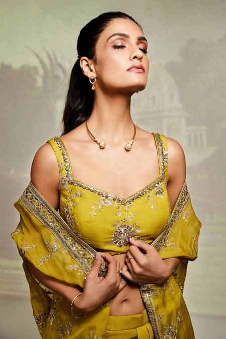 Shop_Basanti - Kapde Aur Koffee_Yellow Viscose, Crepe Sequins, Zari Sweetheart Embroidered Cape Draped Skirt Set_Online_at_Aza_Fashions
