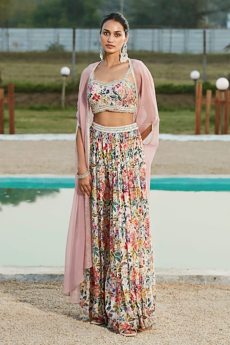 Shop_Basanti - Kapde Aur Koffee_Multi Color Viscose, Organza Beads, Flower Print Blouse Sharara Set With Cape _Online_at_Aza_Fashions
