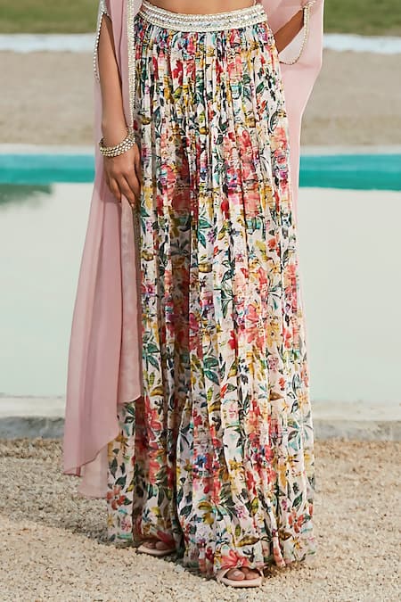 Basanti - Kapde Aur Koffee_Multi Color Viscose, Organza Beads, Flower Print Blouse Sharara Set With Cape _at_Aza_Fashions