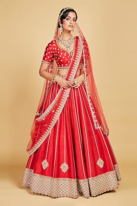 Amrin Khan Red Blouse And Lehenga Handloom Raw Silk, Dupatta Net Flower Boota Bridal Set Online at Aza Fashions Amrin Khan_Red Blouse And Lehenga Handloom Raw Silk, Dupatta Net Flower Boota Bridal Set _Online_at_Aza_Fashions