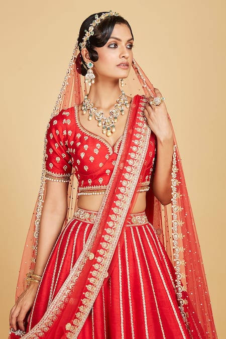 Buy Amrin Khan Red Blouse And Lehenga Handloom Raw Silk, Dupatta Net Flower Boota Bridal Set Online at Aza Fashions Buy_Amrin Khan_Red Blouse And Lehenga Handloom Raw Silk, Dupatta Net Flower Boota Bridal Set _Online_at_Aza_Fashions