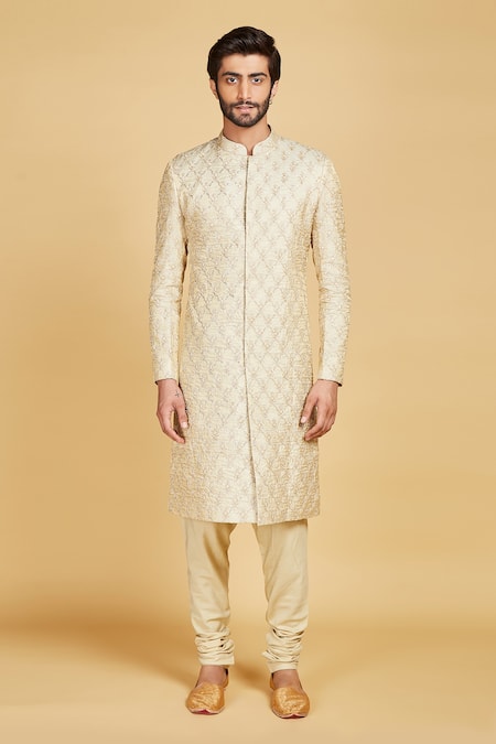 Amrin Khan Pant Silk, Sherwani Tissue Quatrefoil And Flower Pattern Set Online at Aza Fashions Amrin Khan_Pant Silk, Sherwani Tissue Quatrefoil And Flower Pattern Set _Online_at_Aza_Fashions