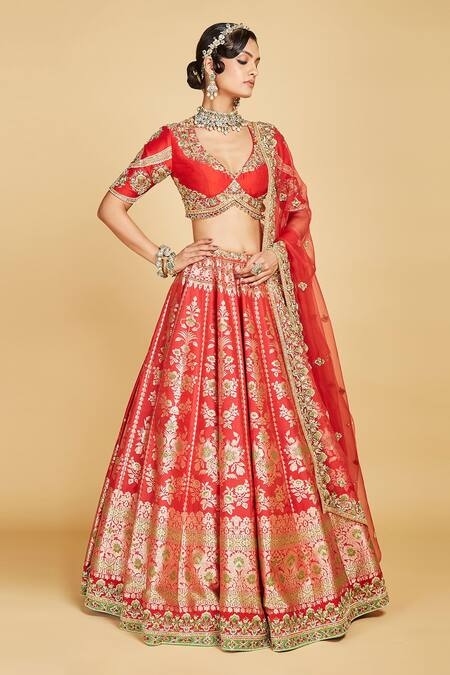 Amrin Khan_Red Blouse And Lehenga Pure Banarasi Silk, Dupatta Floral Work Bridal Set _Online_at_Aza_Fashions