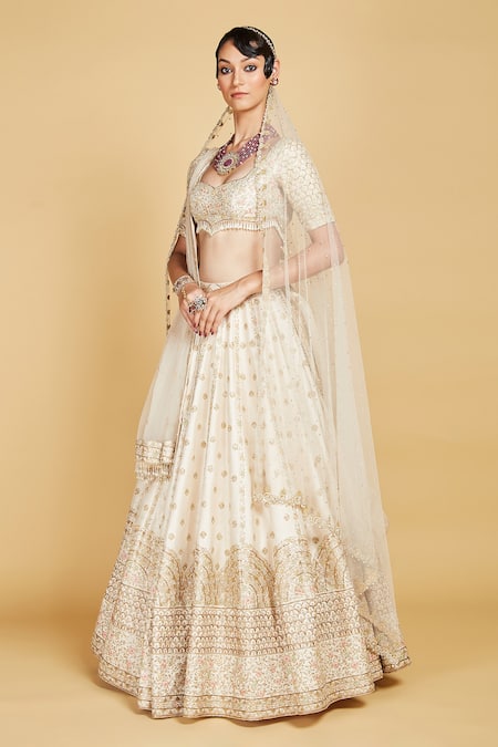 Amrin Khan_Beige Blouse And Lehenga Handloom Raw Perwinkle Flower Embroidered Bridal Set _Online_at_Aza_Fashions