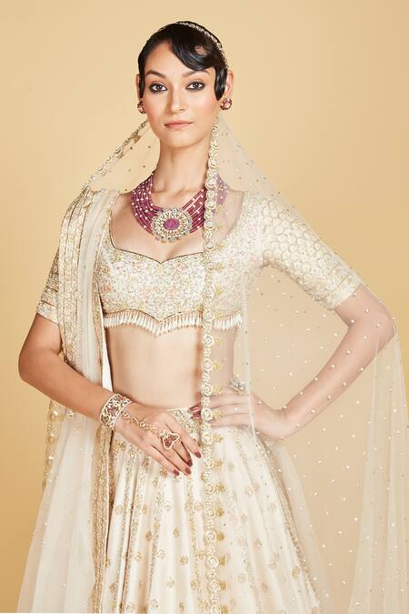 Buy_Amrin Khan_Beige Blouse And Lehenga Handloom Raw Perwinkle Flower Embroidered Bridal Set _Online_at_Aza_Fashions