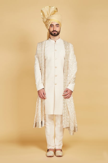 Amrin Khan Cream Dupatta Organza, Pant Raw Silk, Sherwani Thread And Work Set Online at Aza Fashions Amrin Khan_Cream Dupatta Organza, Pant Raw Silk, Sherwani Thread And Work Set _Online_at_Aza_Fashions
