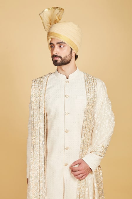 Buy Amrin Khan Cream Dupatta Organza, Pant Raw Silk, Sherwani Thread And Work Set Online at Aza Fashions Buy_Amrin Khan_Cream Dupatta Organza, Pant Raw Silk, Sherwani Thread And Work Set _Online_at_Aza_Fashions