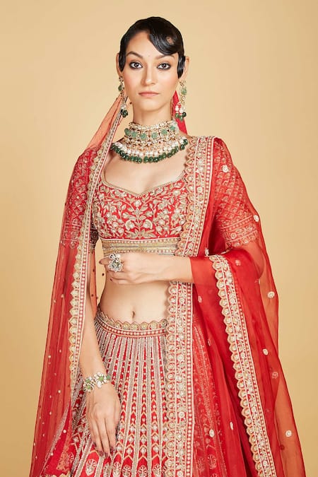 Amrin Khan_Red Blouse And Lehenga Handloom Raw Silk, Bird And Floral Embroidered Bridal Set _Online_at_Aza_Fashions