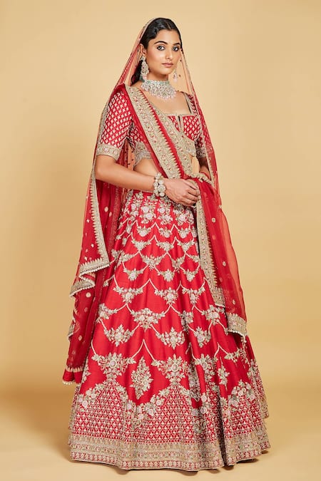 Amrin Khan Maroon Blouse And Lehenga Handloom Raw Silk, Floral Embroidered Bridal Set Online at Aza Fashions Amrin Khan_Maroon Blouse And Lehenga Handloom Raw Silk, Floral Embroidered Bridal Set _Online_at_Aza_Fashions