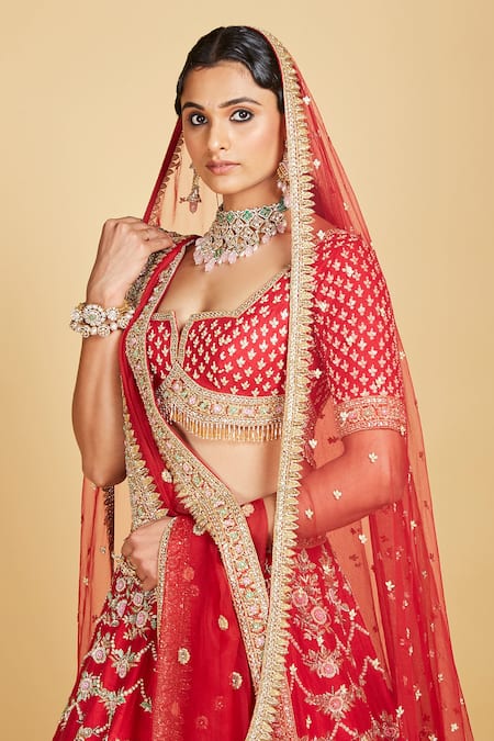 Buy Amrin Khan Maroon Blouse And Lehenga Handloom Raw Silk, Floral Embroidered Bridal Set Online at Aza Fashions Buy_Amrin Khan_Maroon Blouse And Lehenga Handloom Raw Silk, Floral Embroidered Bridal Set _Online_at_Aza_Fashions